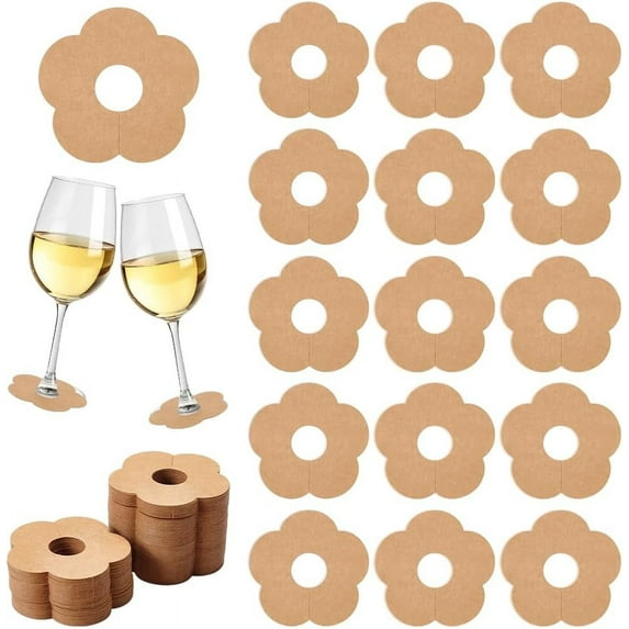 150 Pcs Paper Wine Glass Markers 2.7x2.6 Blank Flower Stemware Drink Name Tag BurlyWood/White Color Disposable Wine Tag Drink Charm DIY Identification Marker for Wine Glasses Champagne