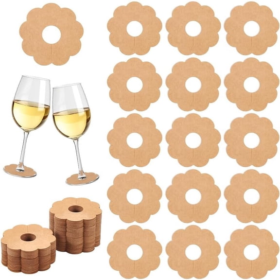 150 Pcs Paper Wine Glass Markers 2.8" Blank Flower Stemware Drink Name Tags BurlyWood/White Color Disposable Wine Tag Drink Charm DIY Identification Marker