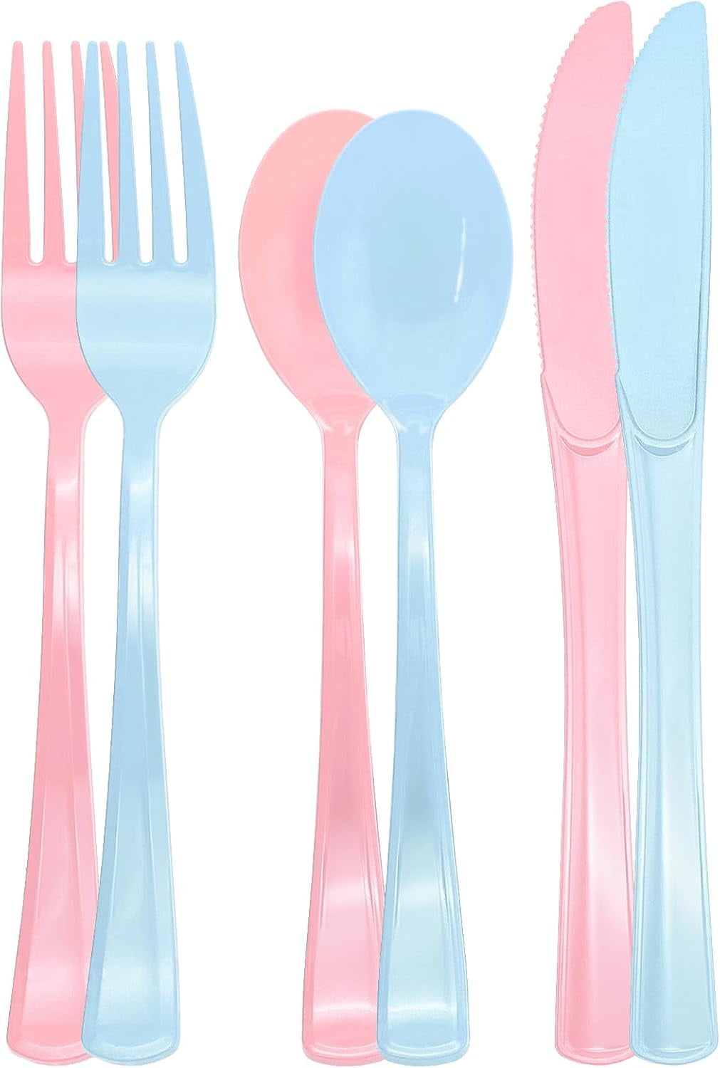150 Pcs Pink and Blue Cutlery Heavy Duty Light Pink and Baby Blue Plastic Silverware - 50 Plastic Forks, 50 Knives, 50 Spoons for Birthday Baby Shower Gender Reveal