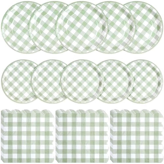 150 Pcs Sage Green Gingham Plates and Napkins, Green Checkered Disposable Plates and Napkins Plaid Tableware Set for Wedding Picnic Baby Shower Decorations Serves 50 Guests