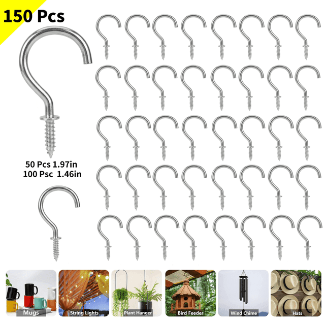 Stringing Ceiling 150 Pcs Silver Screw Hooks, Screw in Hooks, 2 Sizes Cup Hooks, Ceiling ...