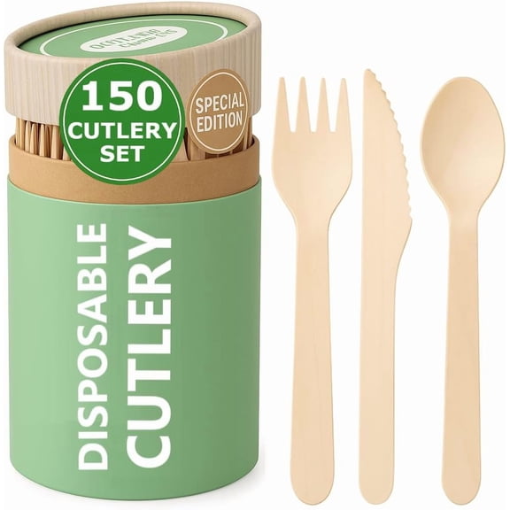 (150 Pcs) Special Edition Compostable Cutlery Set - Disposable Wooden Alternative to Plastic, Eco Friendly, Biodegble, 50 Each Spoons, Knives, Forks Utensils