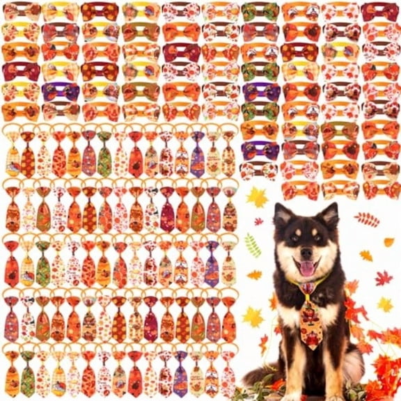 150 Pcs Thanksgiving Day Dog Bow Ties Collars Bulk Adjustable Cat Dog Collars Bowtie Neckties Basic Puppy Costume for Small Medium Pet Grooming Accories Maple Leaves