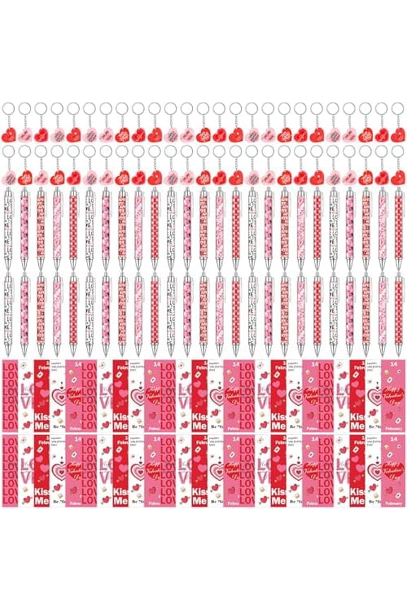150 Pcs Valentine's Day Gift Bulk Set 50 Ballpoint Pens, 50 Heart Keychains, 50 Greeting Cards, Valentine Exchange Gift Party Favors$$Office