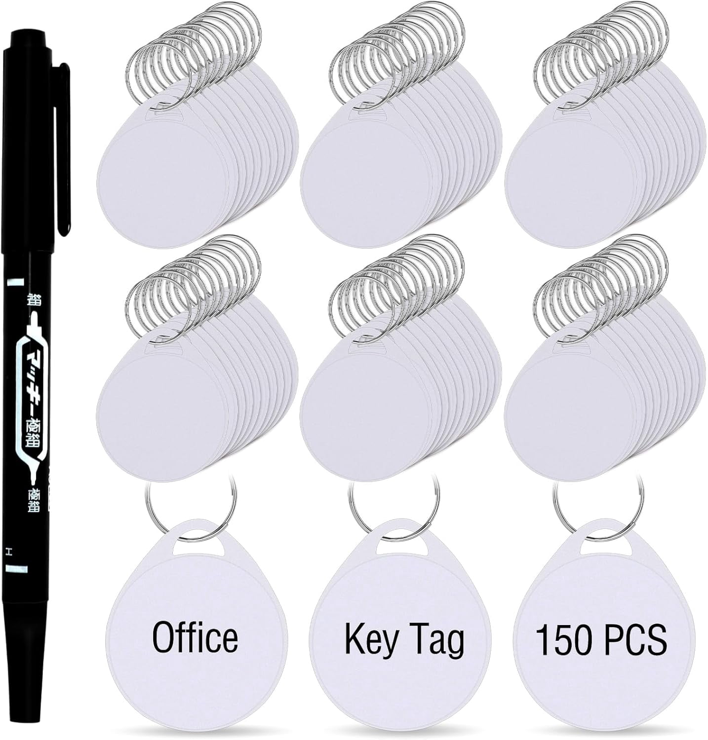 150 Pcs White Key Tags Tough Plastic Key Chain Tags with 1 Black Marker, Metal Split Ring Sturdy Round White Item Identifiers for Home,Office and Rental Management Use