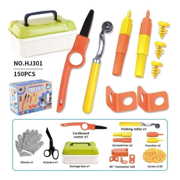 150-Piece Cardboard Construction Kit with Reusable Plastic Screws, Safe DIY Box Tools for Kids, Creative Building and Crafting Set