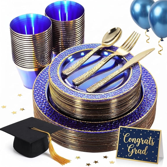 150-Piece Clear Blue Plastic Party Plates, Cups, and Flatware Set with Gold Trim