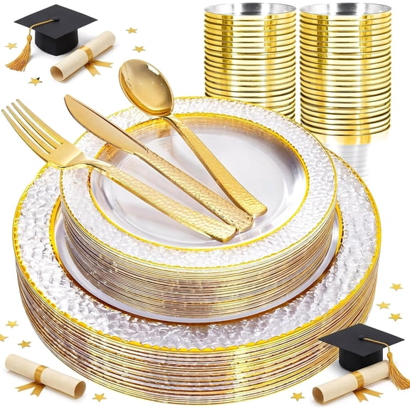 150-Piece Clear Gold Plastic Dinnerware Set with Forks Knives Spoons and Cups for Wedding Party