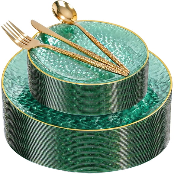 150-Piece Clear Green Hammer-Textured Plastic Plates and Utensils Set with Gold Rim