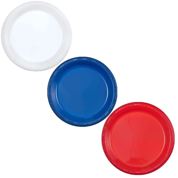 150 Piece Disposable Combo Patriotic 10" Plastic Plates Red, White & Blue, American Themed Party Set for 4TH of July & Other Social Events