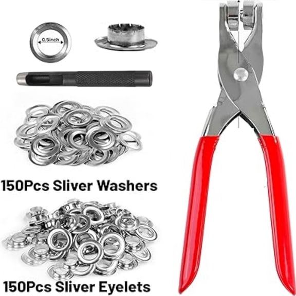 150-Piece Eyelet and Grommet Tool Kit - 1/2" Silver Eyelets with Pliers & Hole Punch