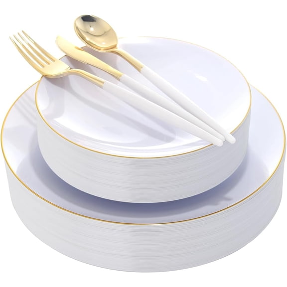 150-Piece Gold and White Disposable Dinnerware Set with Cutlery