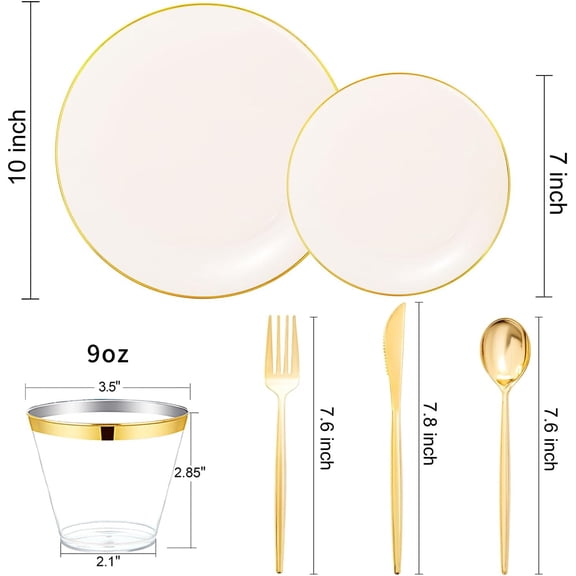 150-Piece Ivory Plastic Party Set with Gold Trim Dinner and Dessert Plates Knives Forks Spoons and Cups