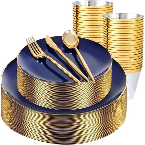 150-Piece Navy Blue and Gold Disposable Dinnerware Set for 25 Guests