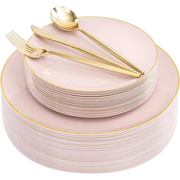150 Piece Pink and Gold Disposable Plate and Flatware Set with 30 Dinner Plates 30 Dessert Plates 30 Knives 30 Forks 30 Spoons