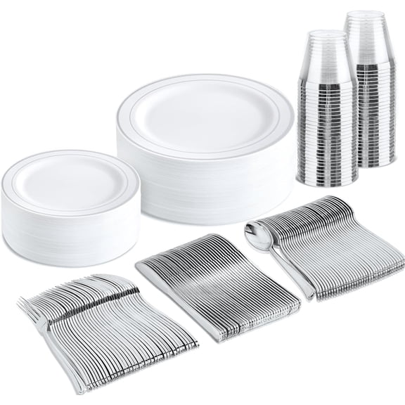 150-Piece Silver Disposable Dinnerware Set - White Plastic Plates with Silver Rim - Include 25 Dinner Plates, 25 Dessert Plates, 25 Forks, 25 Knives, 25 Spoons & 25 Cups for Party & Christmas
