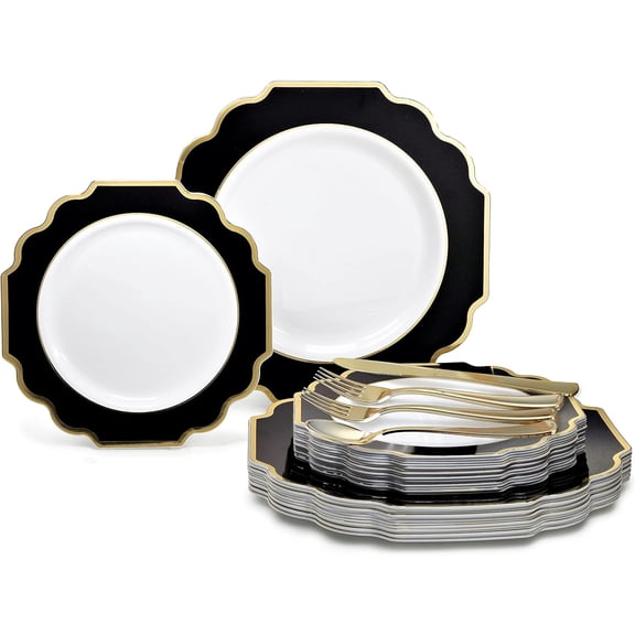 150 Piece set (25 Guests)-Wedding Plastic Plates & cutlery -Disposable heavyweight Dinnerware 10.5'', 8'' + Silverware w/double fork (Imperial in White/Black & Gold)