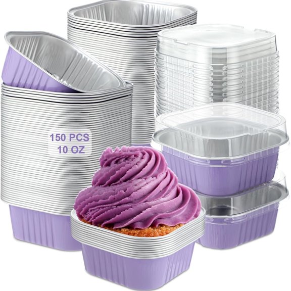 150 Pieces 10 oz Mini Cake Pans with Lids Aluminum Foil Baking Cups Square Disposable 4" x 4" Large Cupcake Cups Baking Tins for Kitchen Brownie Pudding Desserts Holders(Taro Purple)