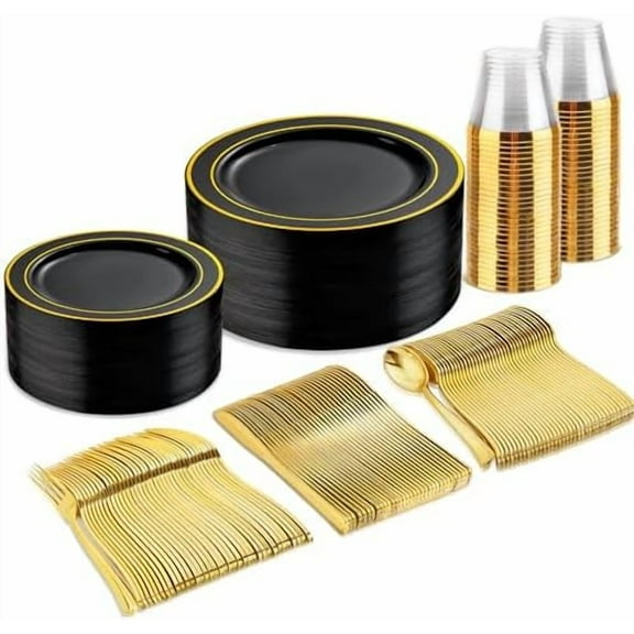150 Pieces Black and Gold Disposable Dinnerware Set - 25 Guests Black Gold Plastic Plates Include 25 Dinner & 25 Dessert Plates, 25 Spoons, 25 Forks, 25 Knives, 25 Cups for Party & New Year