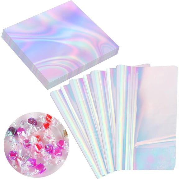 150 Pieces Cellophane Sheets Iridescent Cellophane Wrap Cellophane Gift Wrap for Iridescent Film Crafts Decoration Holographic Candy Wraps (9 x 9 Inch)