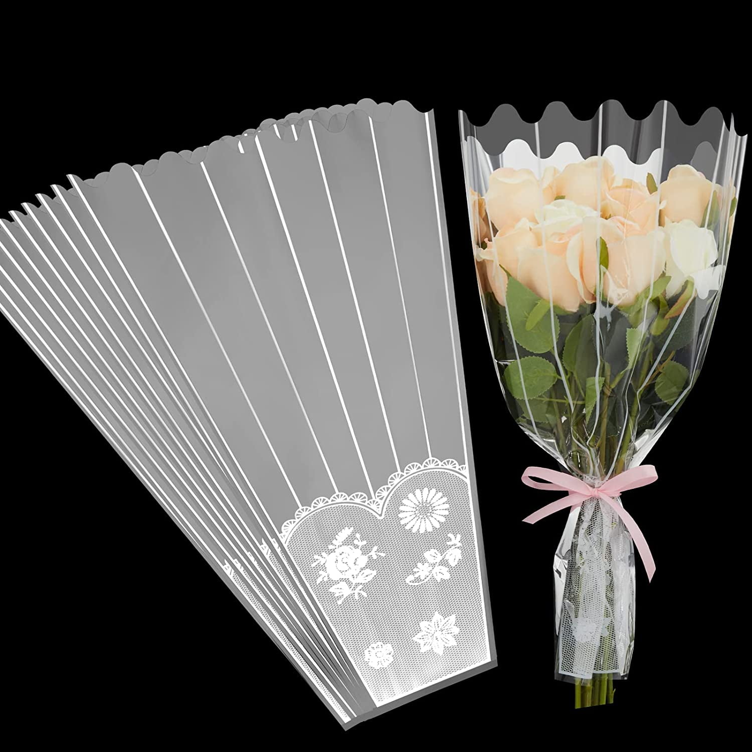 150 Pieces Flower Bouquet Bag Plastic Wrapping Bags Clear Floral Cellophane Sleeves with Strip