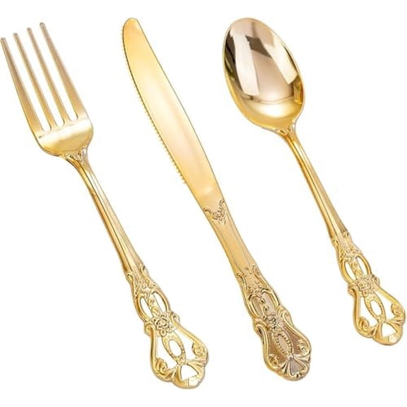 150 Pieces Gold Plastic Silverware - Heavy Duty Gold Disposable Utensils - Fancy Plastic Cutlery Set Includes 50 Forks, 50 Spoons, 50 Knives for Holidays Parties Weddings