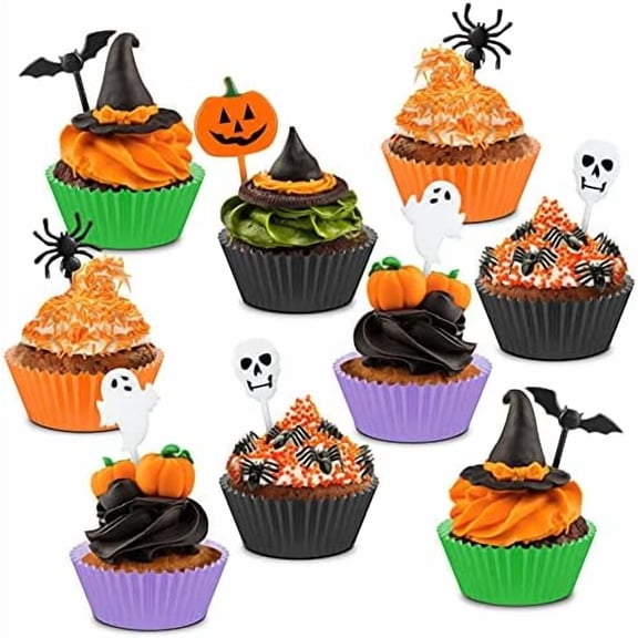 150 Pieces Halloween Picks Set - 50 Plastic Cupcake Topper Pumpkin Ghost Toothpicks With 100 Paper Cupcake Liners Muffin Wrappers Baking Cups for Kids Birthday Party Supplies