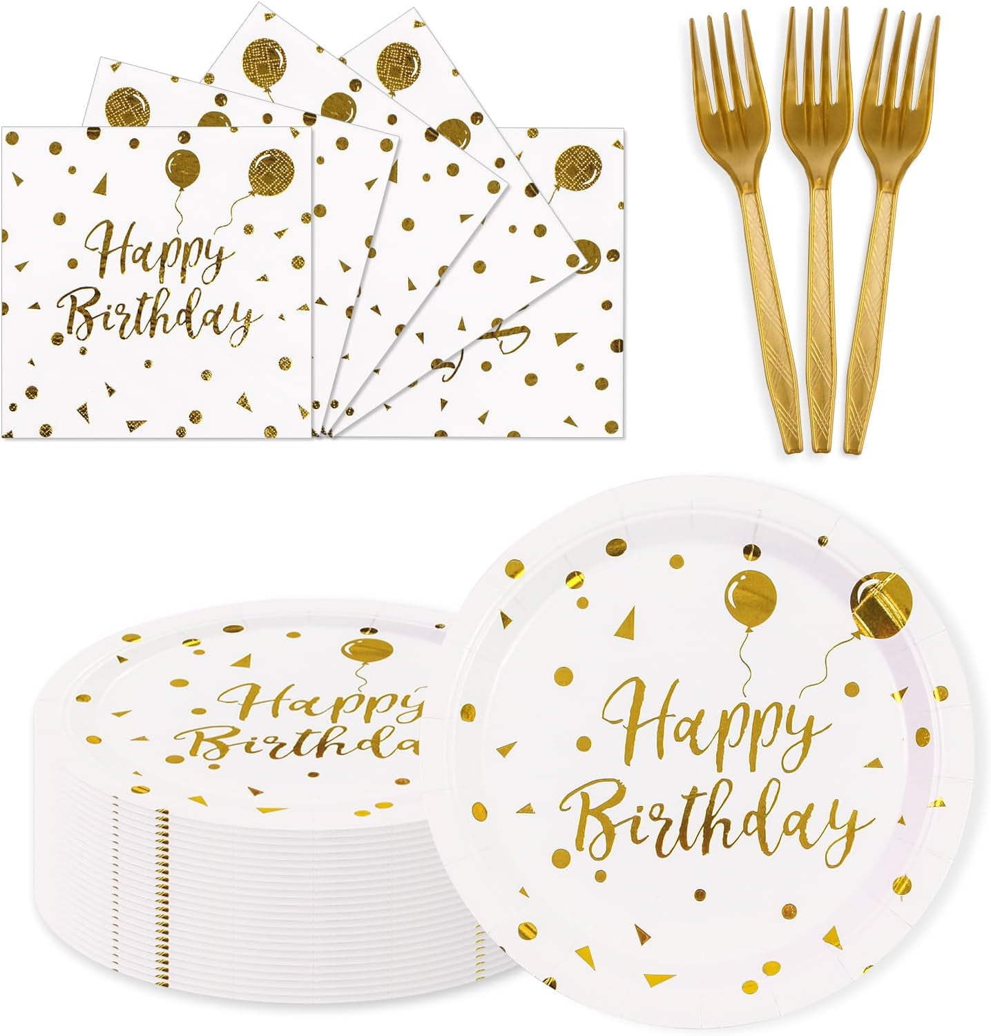 150 Pieces Happy Birthday Paper Plates and Napkins - 7" Colored Paper Plates and 6.5" Napkins with 6.3" Forks Disposable Cutlery Set for Birthday Party Decorations for 50 People