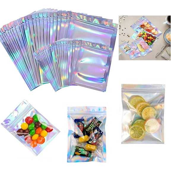 150 Pieces Resealable Mylar Zip Lock Bags Rainbow, Flat Foil Pouches Smell Proof Food Storage Gift Package Supplies (Holographic Color 100 PCS 4.7 * 7.8 inch and 50 PCS 3 * 4.6 inch)