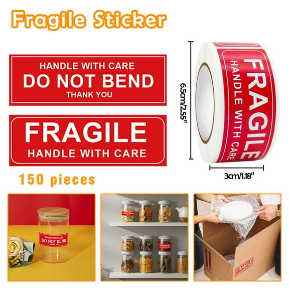 150 Pieces Warning Stickers, Fragile Handle with Care Labels, Do Not Press Shipping Stickers, 1 x 3-inch Adhesive Packaging Labels for Moving Boxes and Shipping