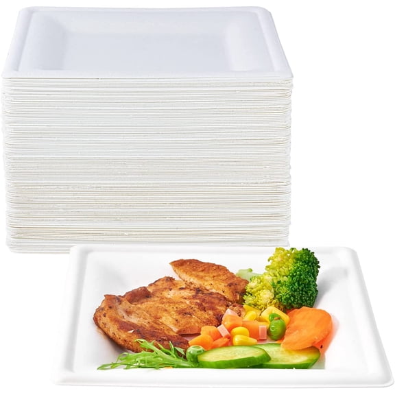 150 Piecs Compostable Square Plates, 6 inch Eco-friendly Heavy Duty Biodegradable Sugarcane Disposable Paper Plates for Party Dinner Birthday