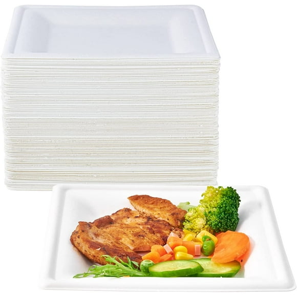150 Piecs Compostable Square Plates, 6 inch Eco-friendly Heavy Duty Biodegradable Sugarcane Disposable Paper Plates for Party Dinner Birthday