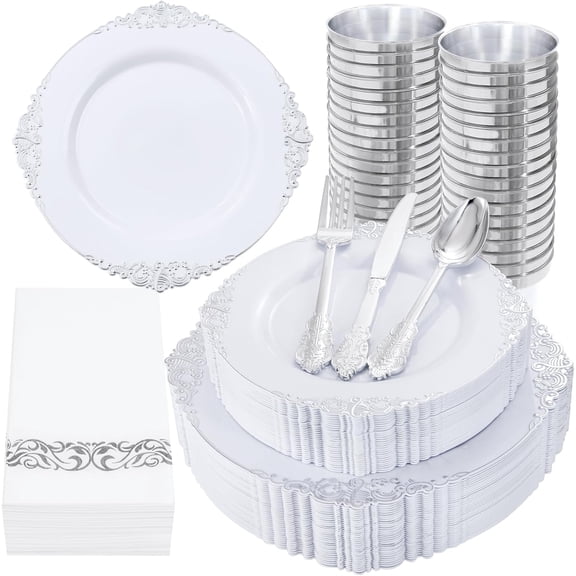 150 Plastic Silverware, 50 C  s, 50 Napkins for Wedding & Party | 350PCS Silver Plastic Dinnerware - White and Silver Disposable Plates for 50 Guests - 100 Disposable Plates