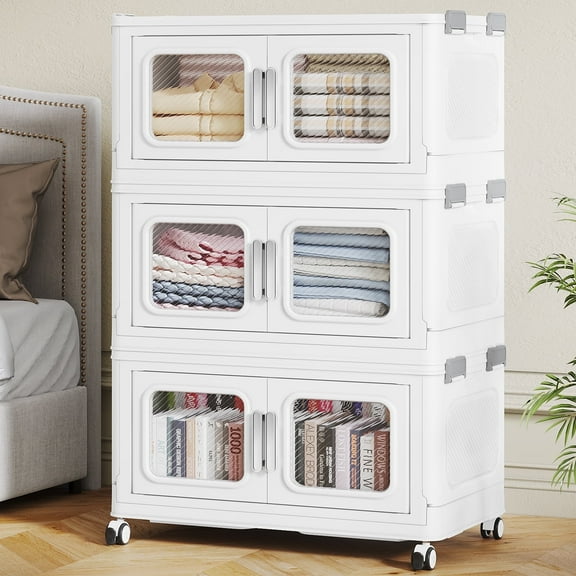 150 Qt Extra Large Stackable Storage Bins with Lid, 37.5Gal Collapsible Closet Organizer and Storage Drawers with Wheels, Plastic Storage Box for Closet Clothes Organization,White