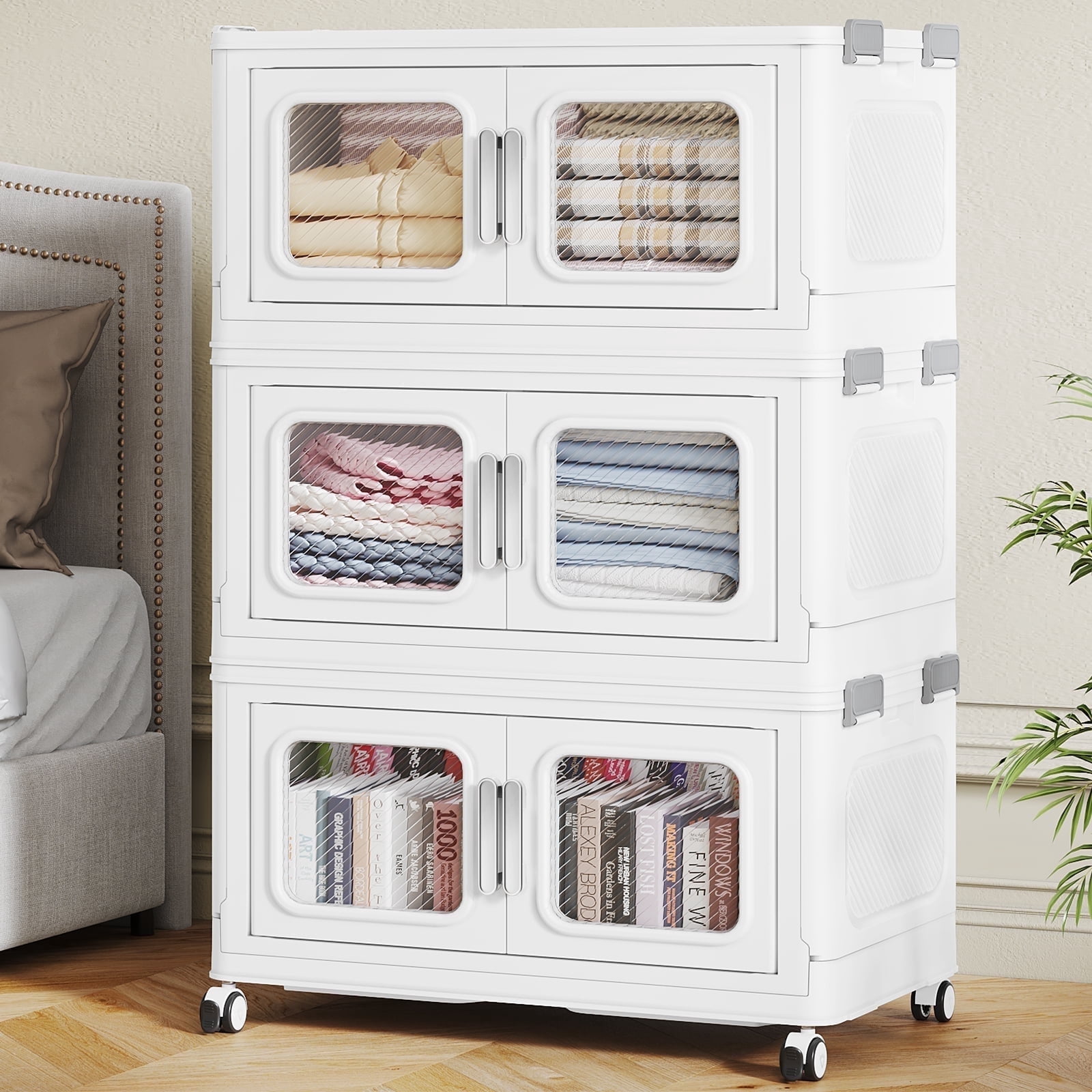 150 Qt Extra Large Stackable Storage Bins with Lid, 37.5Gal Collapsible Closet Organizer and Storage Drawers with Wheels, Plastic Storage Box for Closet Clothes Organization,White