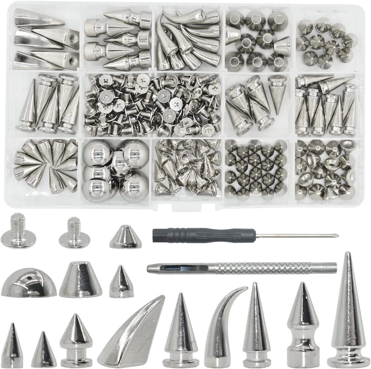 150 Set Punk Spike Rivets Kit, 13 Type Large Studs and Cone Spikes Screw Back Bullet Cone Studs with Install Tools for DIY Project, Necklace Jacket Vest Shoes Boot Leather Crafts (Silver)
