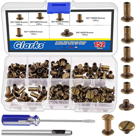 150 Sets Bronze Chicago Screws Assorted Kit, M5 x 5mm, 6mm, 8mm, 10mm, 12mm Chicago Rivets and 4x4mm Flat Head Stud Screw, Nail Rivet Chicago Button Screw Posts Metal Accessories