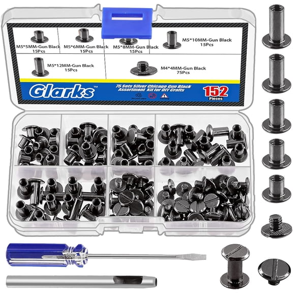 150 Sets Gun Black Chicago Screws Assorted Kit, M5 x 5mm, 6mm, 8mm, 10mm, 12mm Chicago Rivets and 4x4mm Flat Head Stud Screw, Nail Rivet Chicago Button Screw Posts Metal Accessories