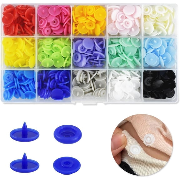 150 Sets Plastic Snaps Fasteners T5 Resin Snap Buttons Kit Plastic Snap Buttons for Clothing Sewing Crafting No-Sew Round Buttons with Storage Organizer for Crafts Cloth Diaper Bibs Bags (15 Colors)
