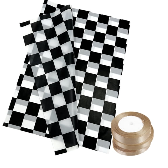 150 Sheets 14×20" Checkered Tissue Paper, Bulk Gift Wrap Tissue for Birthday Crafts, Matched with 3 Rolls Assorted Size Ribbons