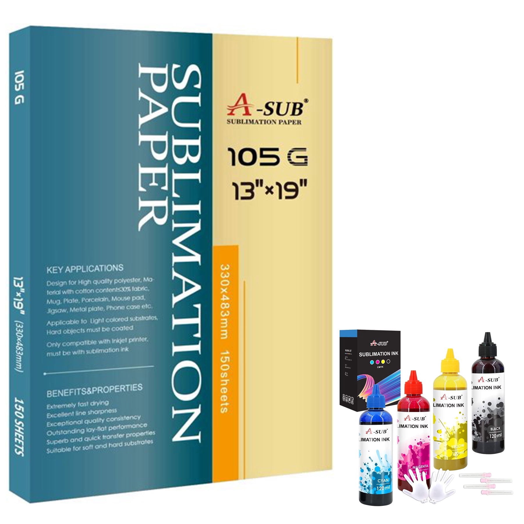 A-SUB Sublimation Kit for 150 Sheets A-SUB Sublimation Heat Transfer Paper 13X19 Inch + A-SUB Sublimation Ink 480ML