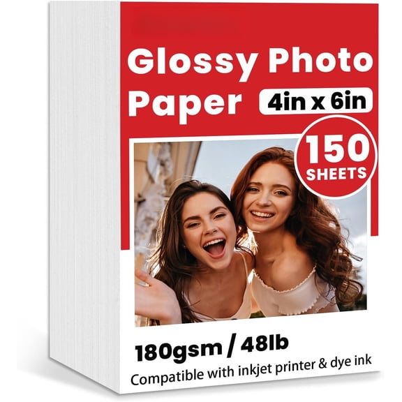 150 Sheets Glossy Photo Paper, 4in x 6in Inkjet Photo Printer Paper, Picture Paper for Photos, Calendars, Brochures, Cards, Menus(180gsm / 48lb)