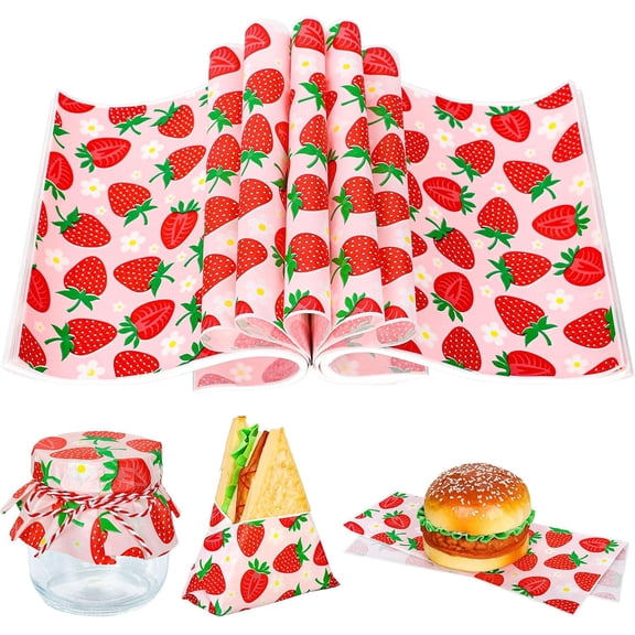 150 Sheets Strawberry Wax Paper Cute Summer Fruit Spring Daisy Food Wrapper Tissue Pink Red Waterproof Oil-Proof Deli Paper Basket Liners for Home Kitchen Restaurant Baking