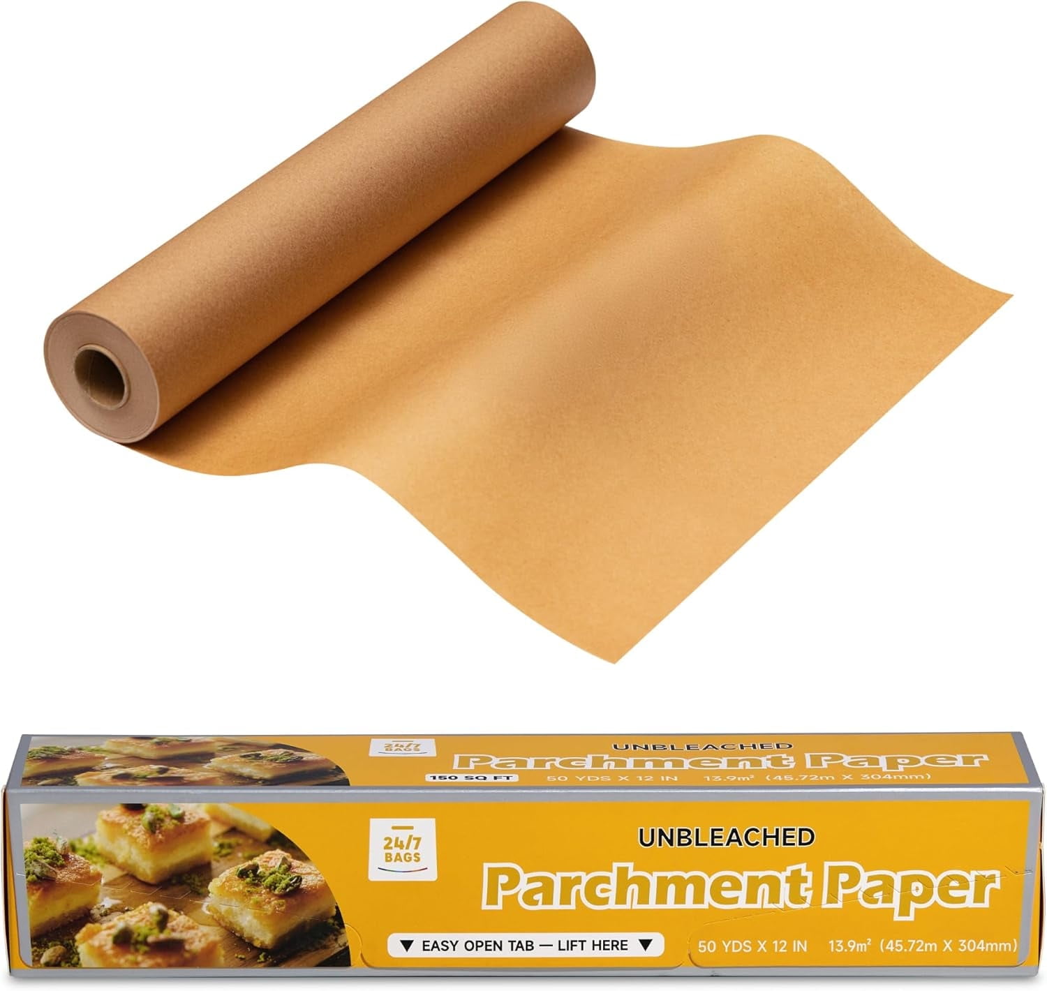 150 Sq Ft Parchment Paper Roll, 12" Wide, Non-Stick, Unbleached, Food Safe, Serrated Cutter