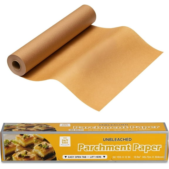 150 Sq Ft Parchment Paper Roll, 12" Wide, Non-Stick, Unbleached, Food Safe, Serrated Cutter
