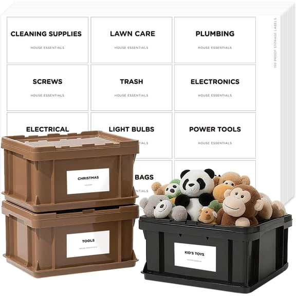 150 Storage Bin Labels Household, Preprinted Minimalist Stickers for Containers Bins, Boxes, Organization Systems, Home Essentials, Water/Oil Resistants