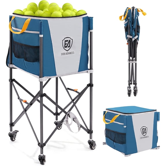 150 Tennis Capacity Ball Hopper Rolling Ball Cart with Side Pockets, 16.2 x 16.2in Folding Pickleball Basket with Wheels, Sports Equipment Organizer for Baseball Training/Practice, Blue