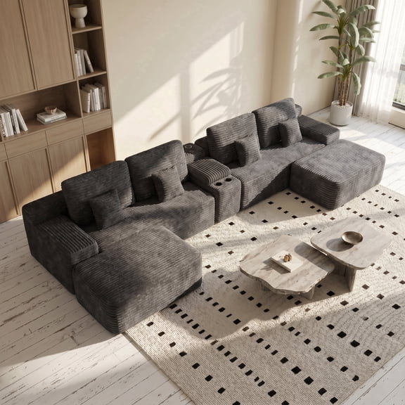 HUACANORA 150" U Shaped Boneless Couch with USB and 2 Cup Holder, Oversized Corduroy Modular Sectional Sofa with 2 Ottomans & Console, Deept Seat Cloud Couches for Living Room, Black