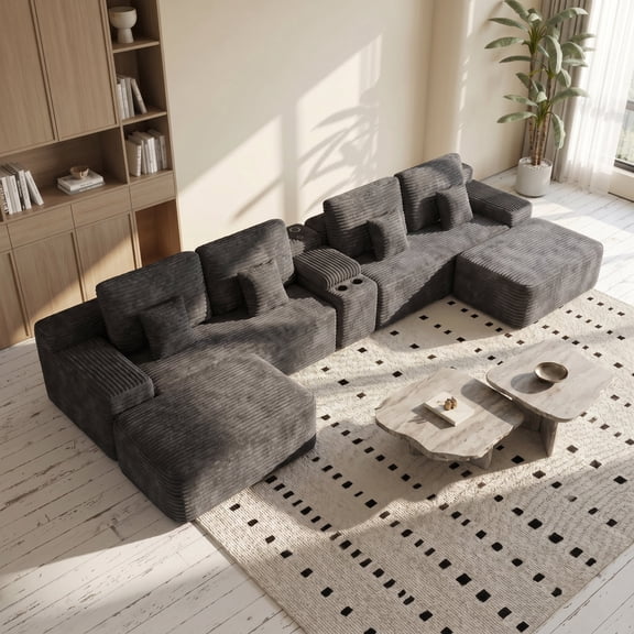 150" U Shaped Boneless Couch with USB and 2 Cup Holder, Oversized Corduroy Modular Sectional Sofa with 2 Ottomans & Console, Deept Seat Cloud Couches for Living Room, No Assembly Required, Black