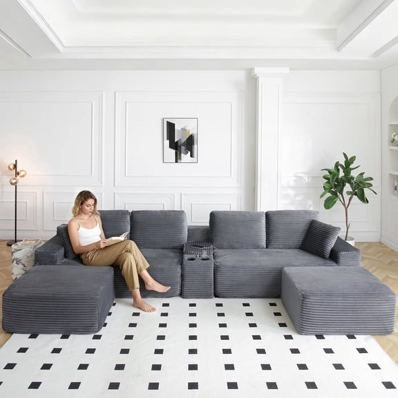 Vanress 125" Modular Sectional Sofa for Living Room, Modern Corduroy Boneless Couch, Cloud Couch Sectional with 2 Ottoman, U Shaped Deep Seat Couch with USB Ports & Storage, No Assembly, Grey